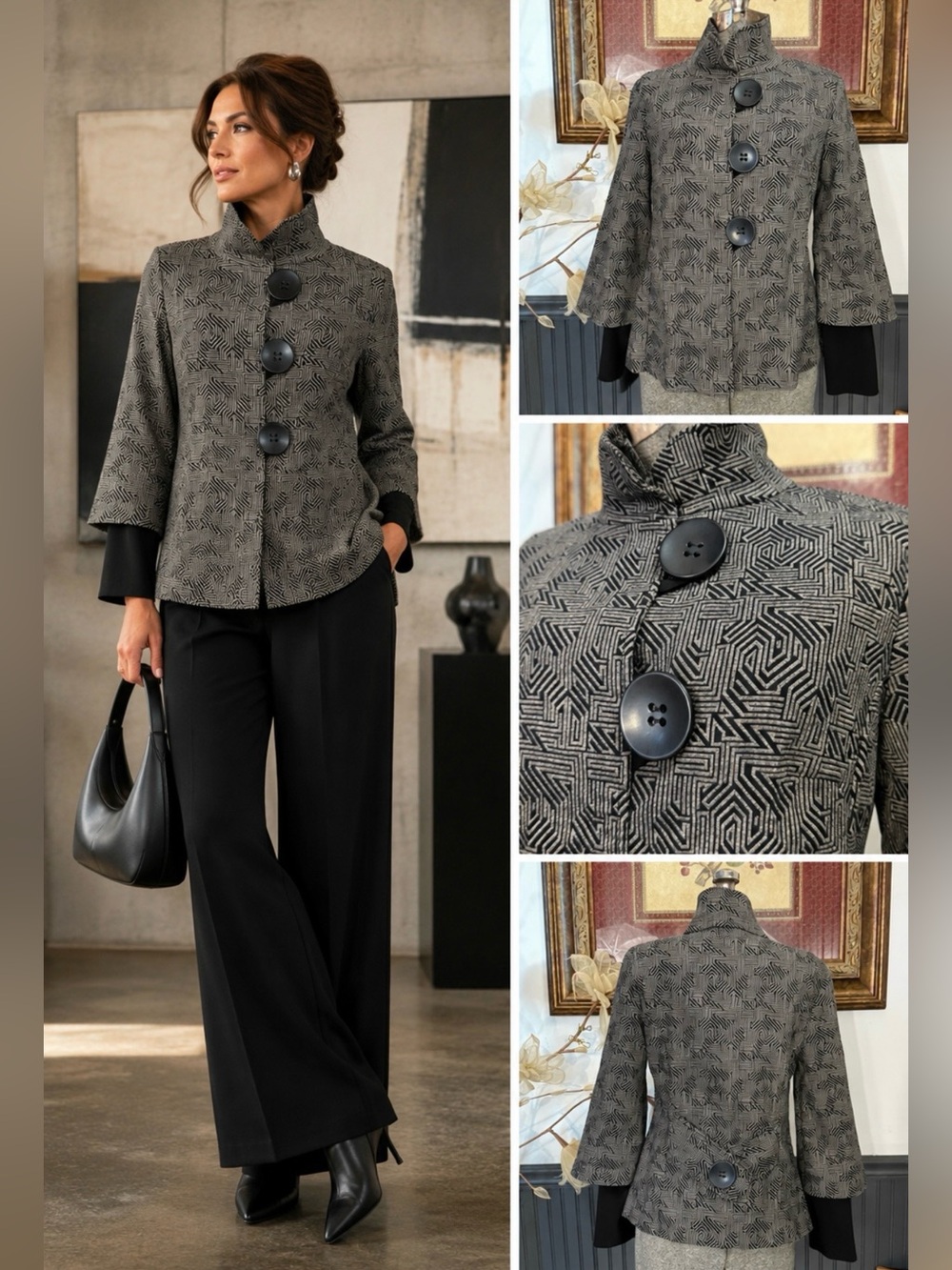 Joseph Ribkoff Geometric Art to Wear Combo Sleeve Statement Jacket Sz 8 🧡🍄